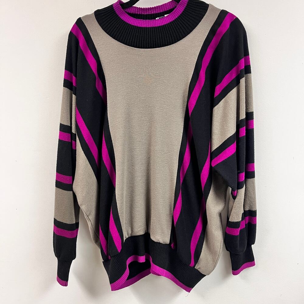 women's L 80's vintage mockneck knit oversize dolman sleeve sweater color block